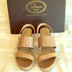 Delman Sandal in Tan Patent and Nubuck Size 8